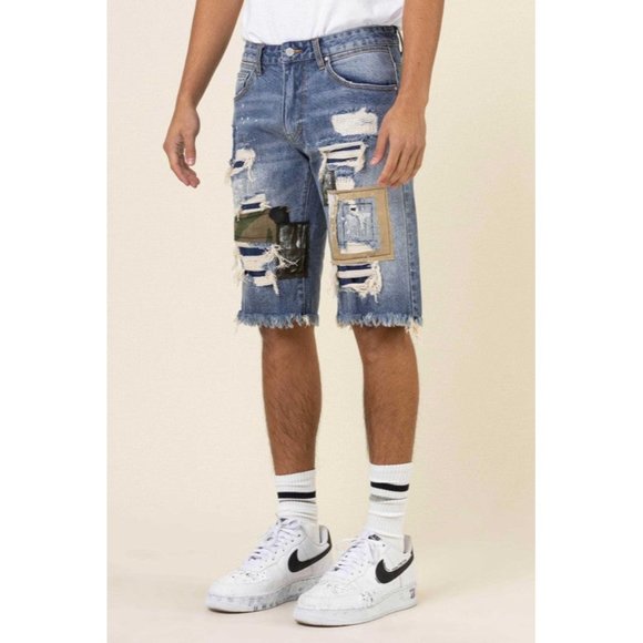 FIRST ROW CASUAL PANTS SHORT SUMER CAMO&TWILL PATCHED RIP&REPAIRED DENIM SHORTS - Picture 3 of 10